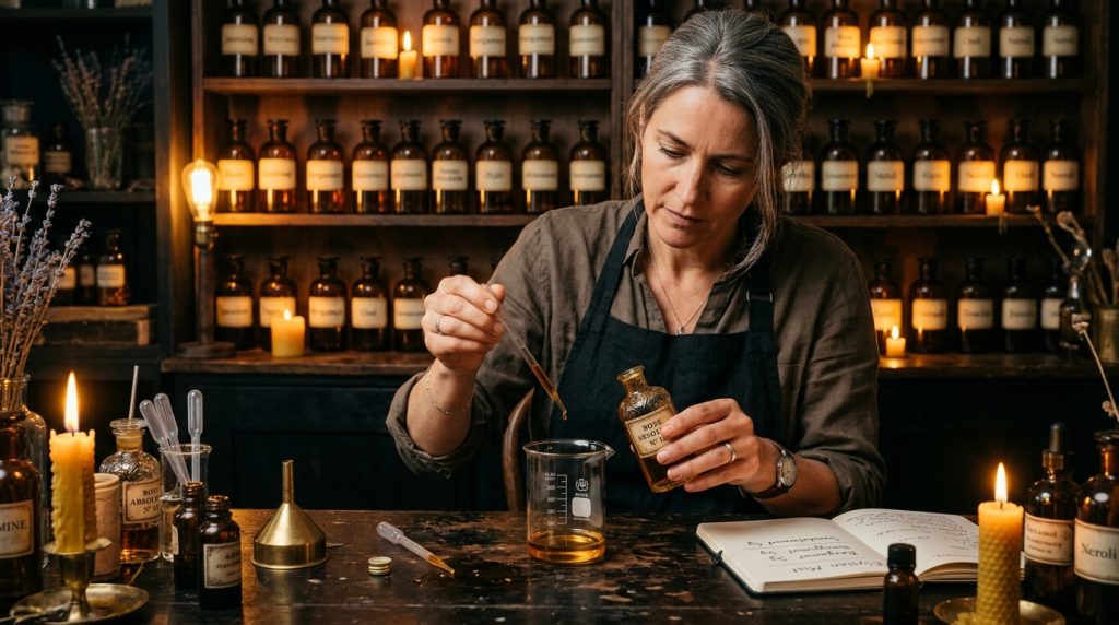 Perfume craftsmanship and signature bottles illustrating the fragrance brand story