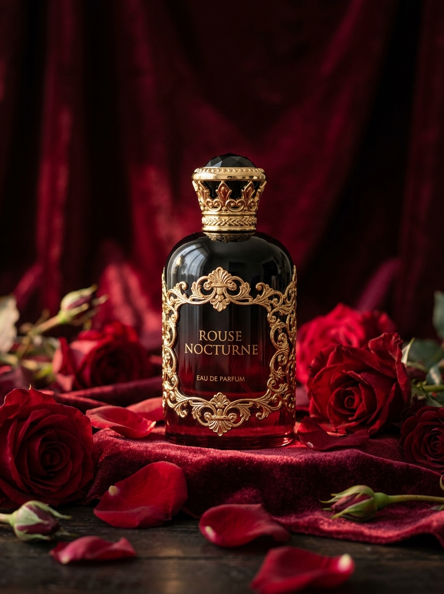 Rouse nocturne EAU DE PARFUM surrounded by red roses on the velvet